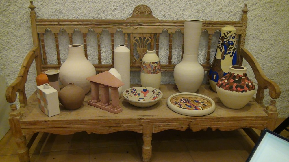 bench full of pieces of different shapes and themes